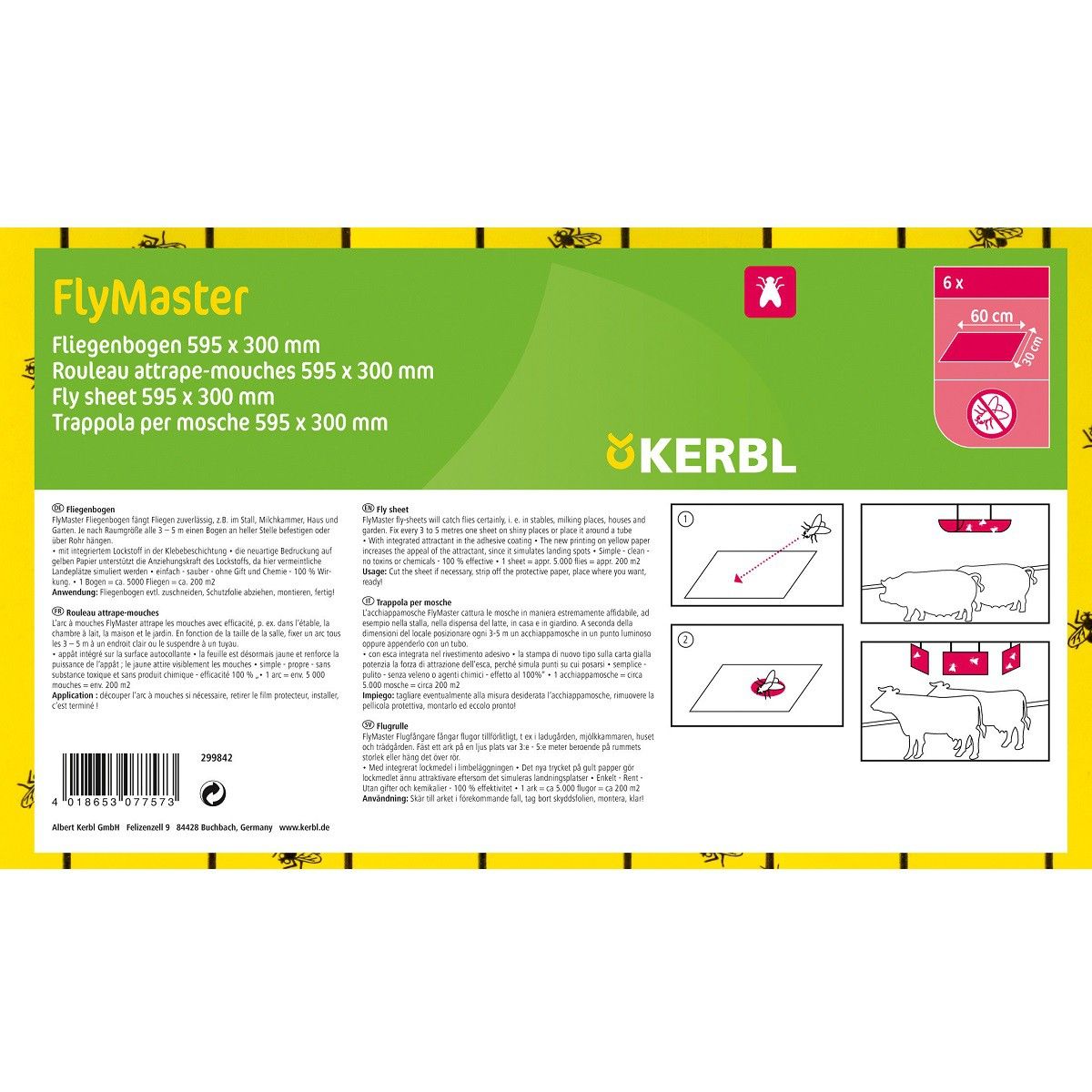 Kerbl FlyMaster istálló légyfogó szalag, 59,5 x 30 cm, 6 db, infografika