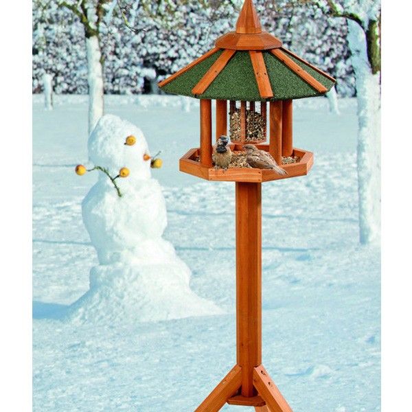Karlie Bird Feeder WILD RIVER Hexagonal, Wood with Seed Silo, 132 cm, in use