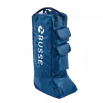 Blaue Reitstiefeltasche mit Tragegriff und mehreren Vordertaschen, Aufdruck Busse