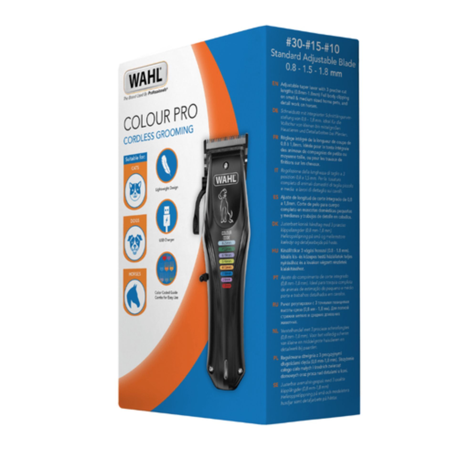 WAHL Color Pro Schermaschine, kabellos mit 8 Farbkämmen, Verpackung