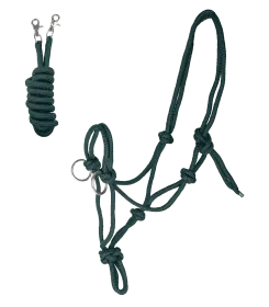 Strickhalfter aus Seil in dunkelgrün mit Ringen und Zubehörteil