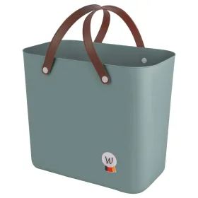 Graugrüne Kunststofftasche mit zwei braunen Henkeln