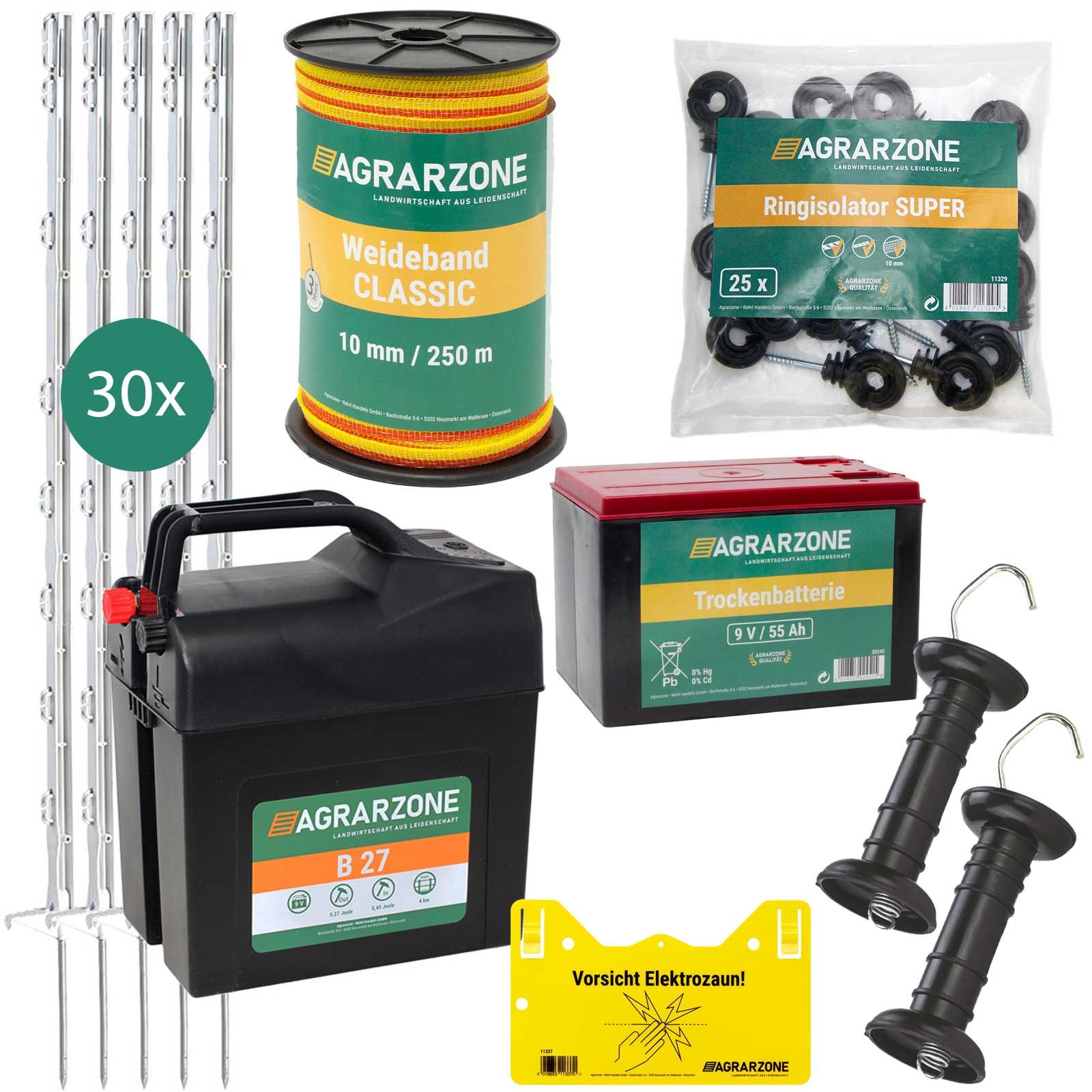 Agrarzone kit recinto elettrico per cavalli B27 a batteria 9V, 0,45J, nastro 250m, contenuto della confezione