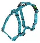 Hundegeschirr aus Nylon in Tuerkis mit gestreiftem Muster und schwarzen Verstellschnallen