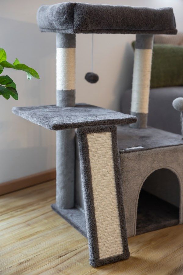 cat tree, cat tower, scratch post, carpeted, gray