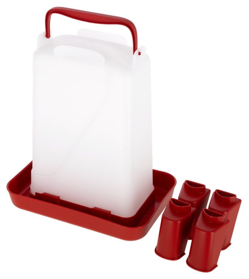 water canister, carry handle, red base, white/jug, spout caps