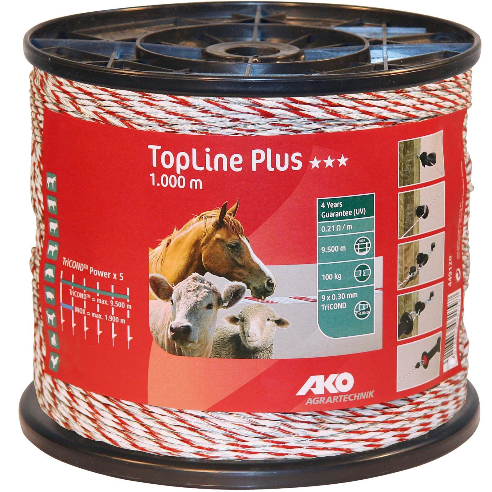 Ako villanypásztor zsinór TopLine Plus TriCOND 0,30 mm, fehér-piros, 1000 m