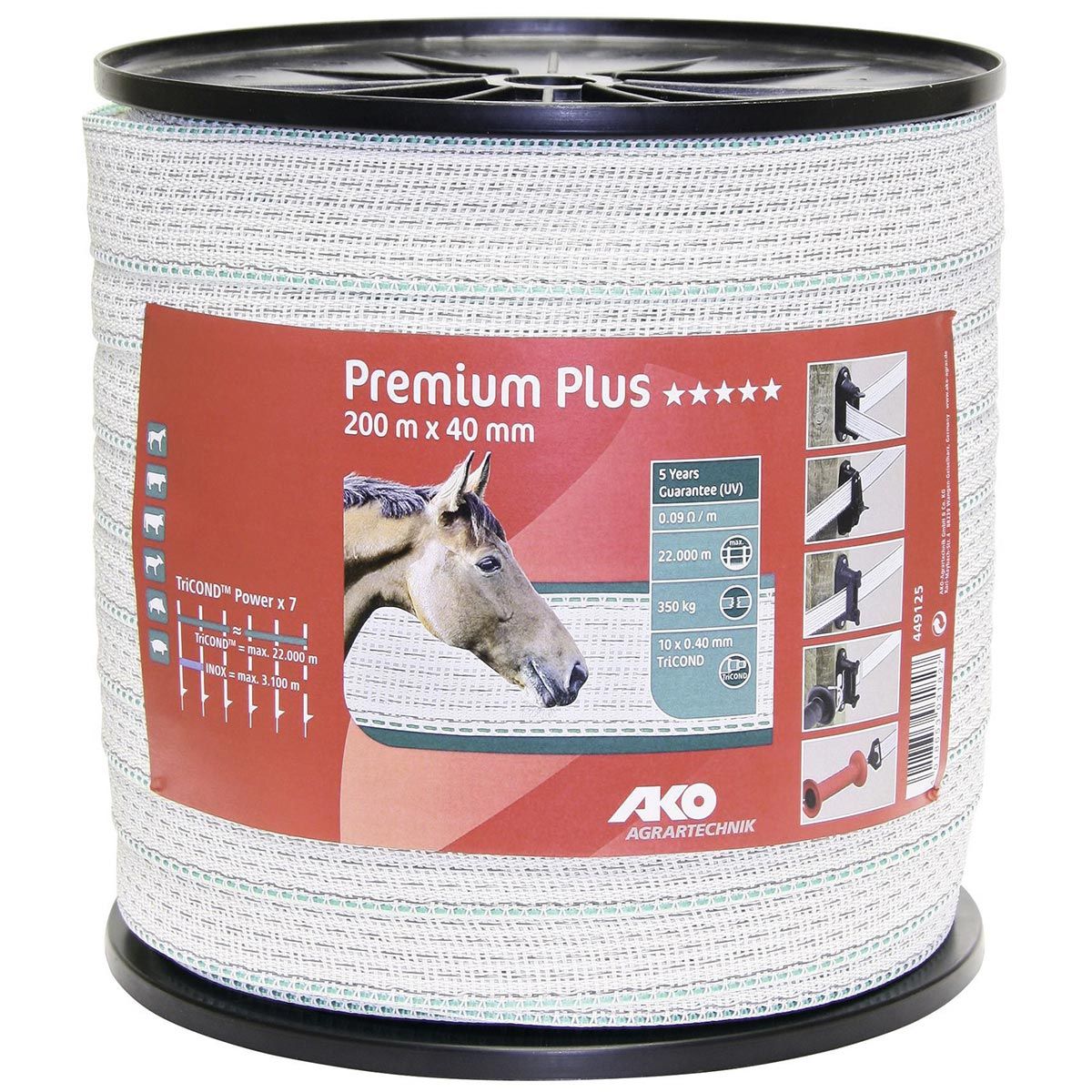 Ruban de cloture electrique AKO Premium Plus 200 m, 40 mm, 10x0,40 TriCOND, blanc/vert