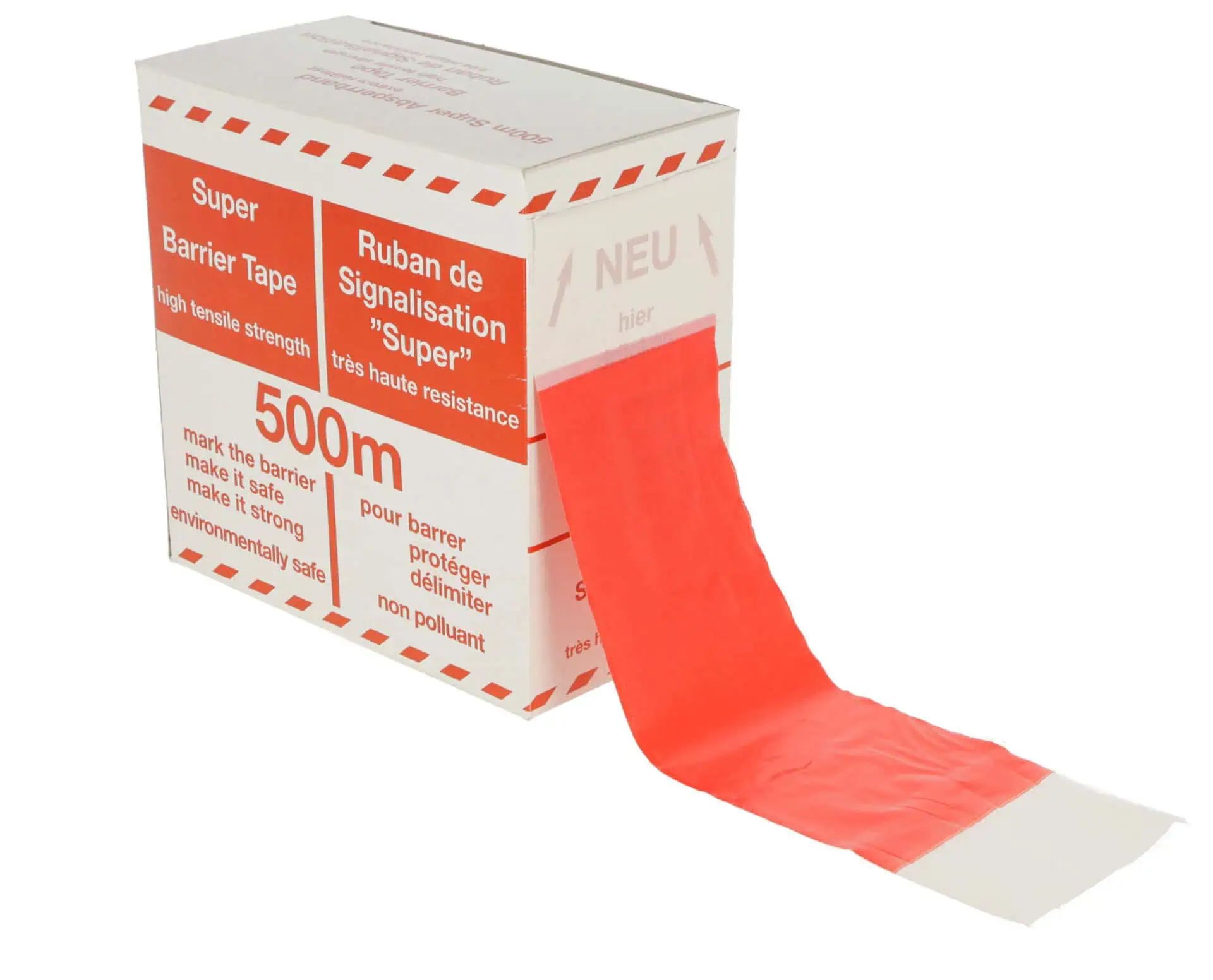 Foliespärrtejp blockerad röd och vit, roll-off box