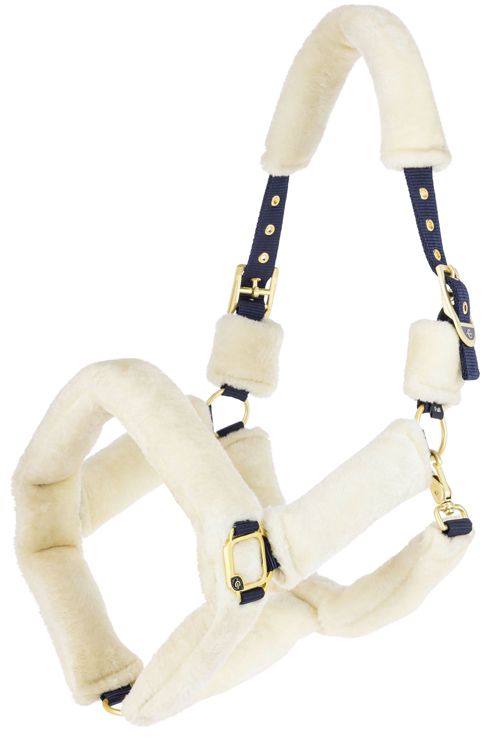 sheepskin, horse harness, studded straps, gold hardware, navy straps