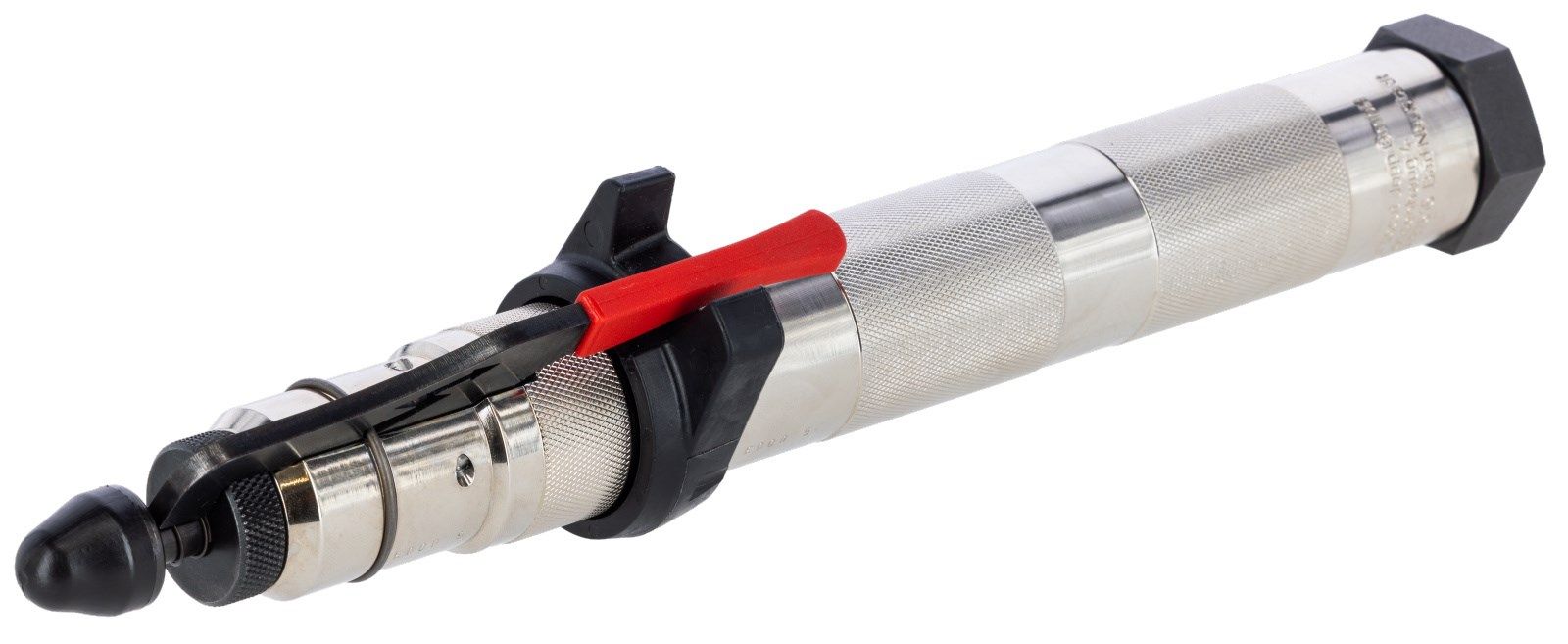 precision tool, reloadable injector, metal rod, knurled grip, red lever