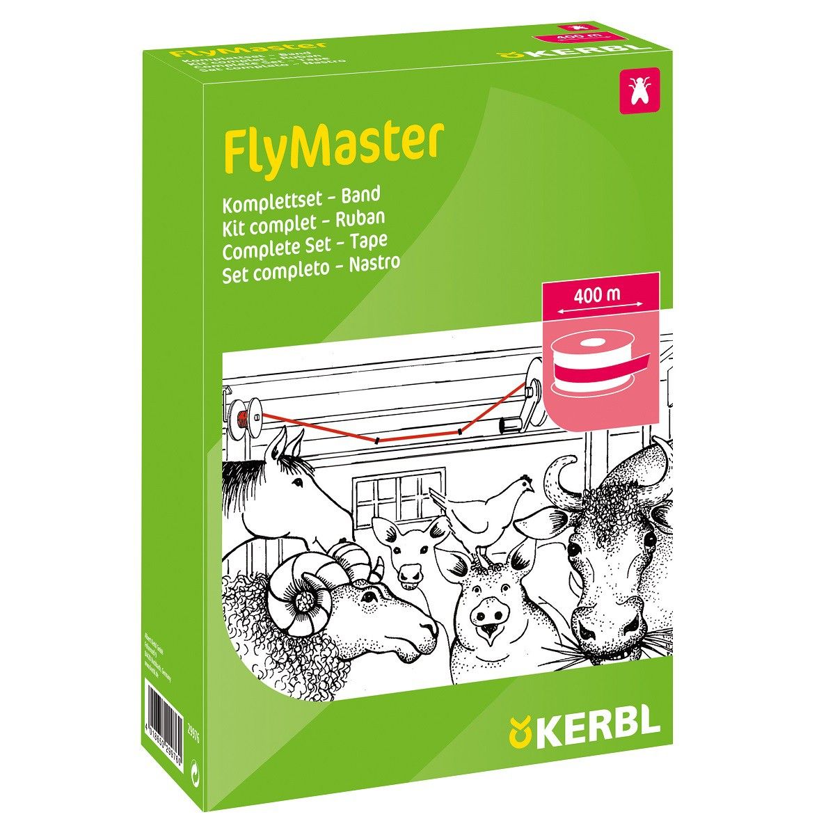 Kerbl FlyMaster Band istálló légyfogó szalag 400 m komplett szett, csomagolás