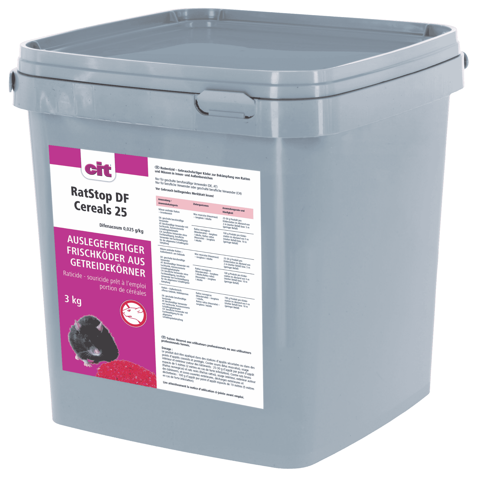 rodentizid, körnerfalle, 3 kg, grauer behälter, aufkleber etikett