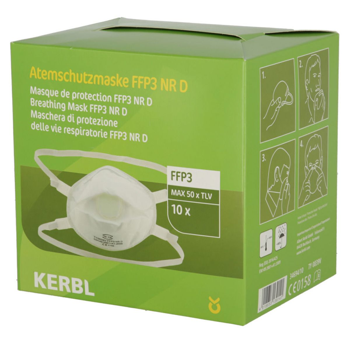 Kerbl Masque anti-poussière fine FFP3 NR D avec valve, 10 pièces