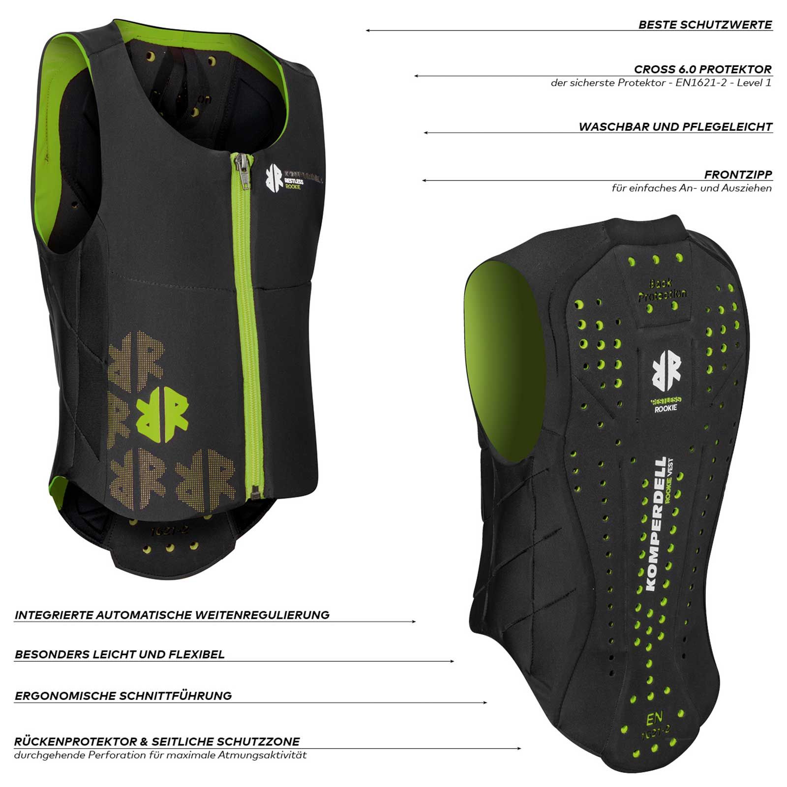 Komperdell Kids Back Protector Ballistic Vest Junior black, lightgreen, infographic