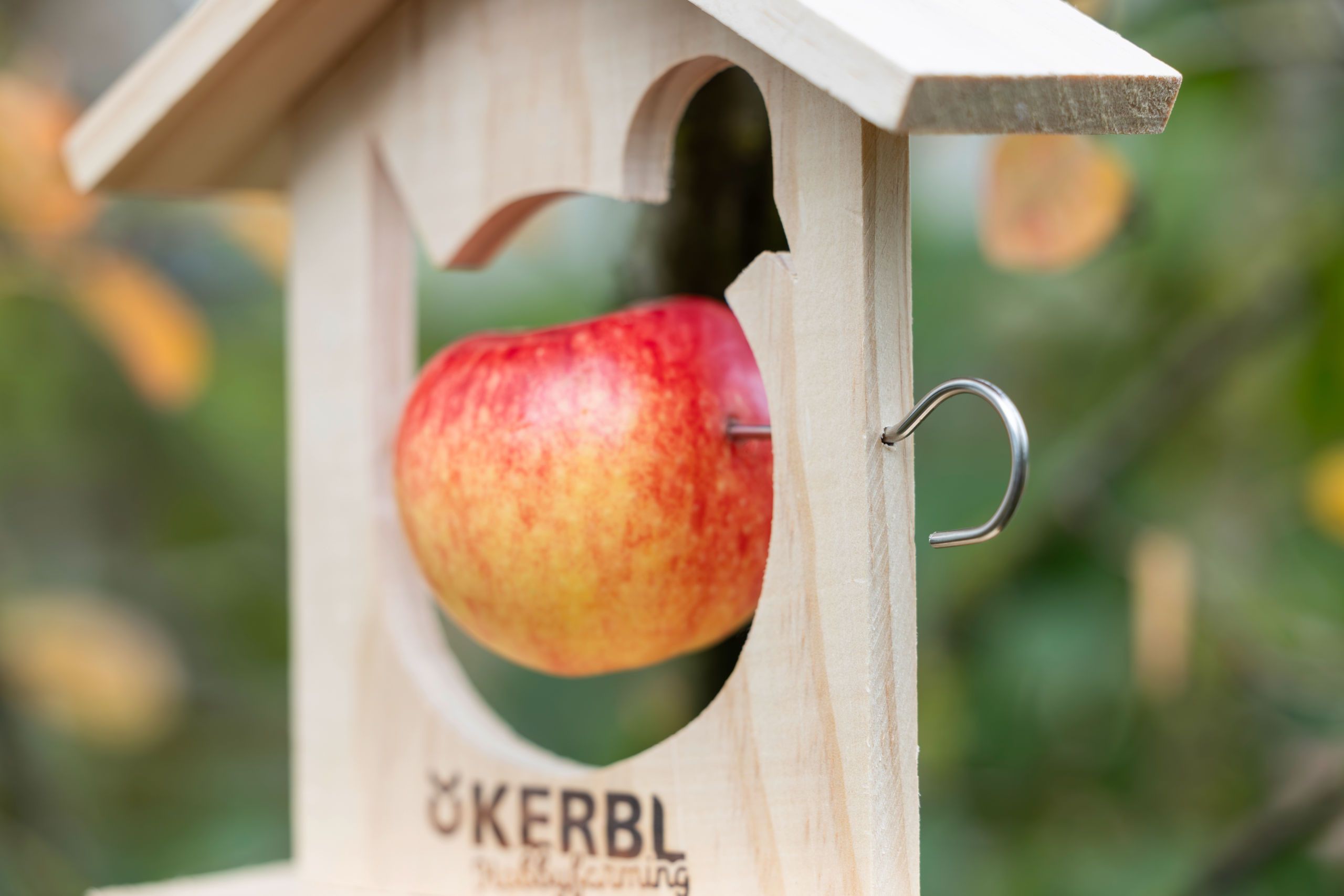apple, bird feeder, wooden, red, gadget