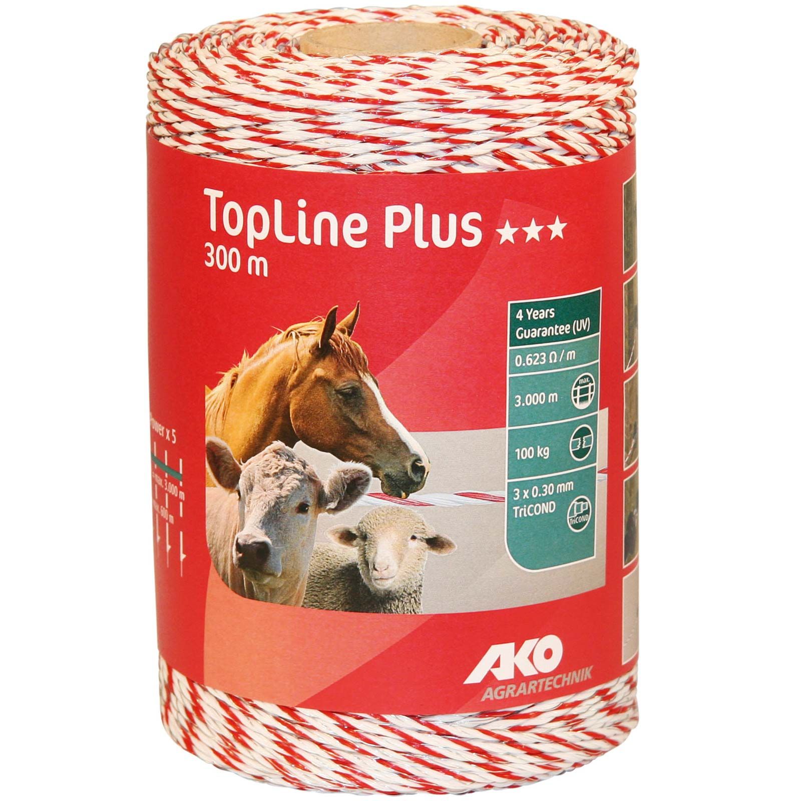 Fil de clôture électrique AKO TopLine Plus 0.30 TriCOND, blanc / rouge