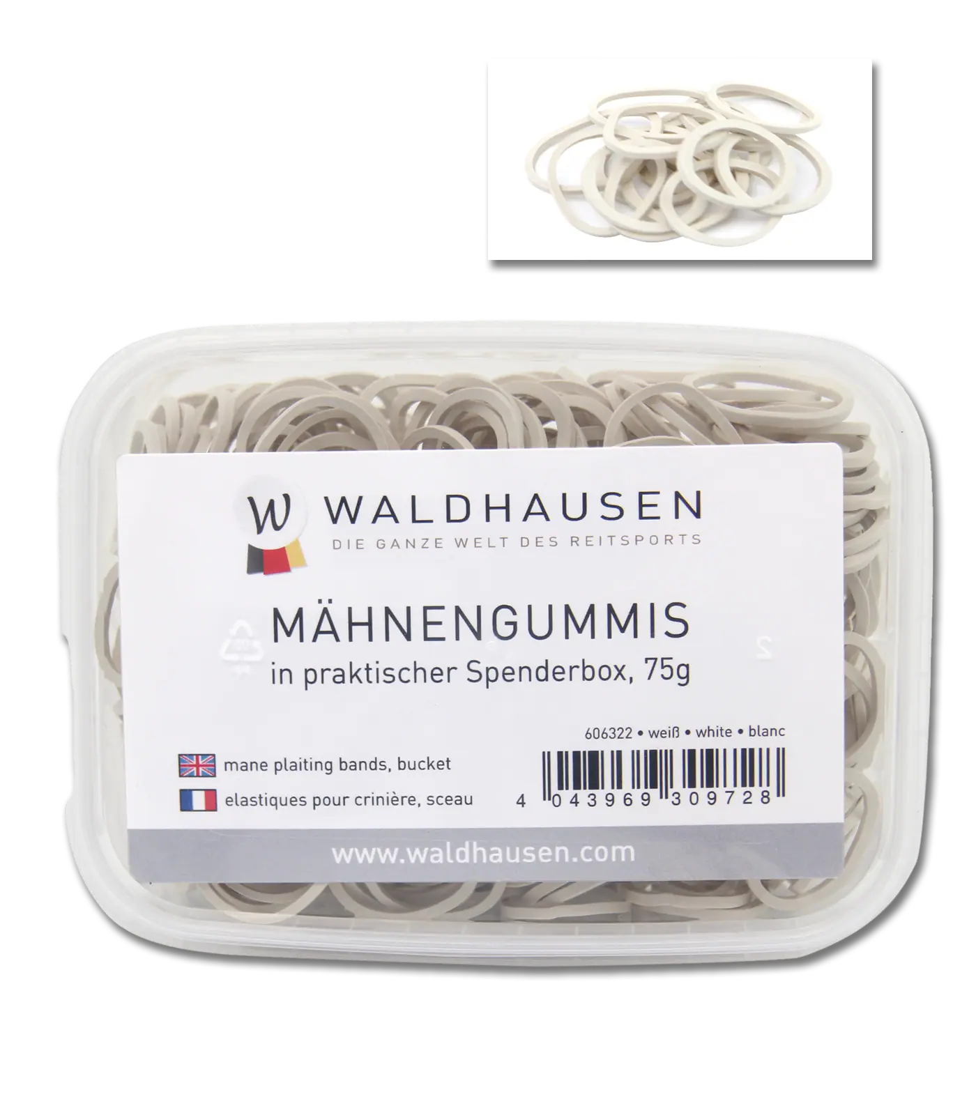 Waldhausen Mähnengummis in Spenderbox, 75 g TPU-Gummis, Verpackung