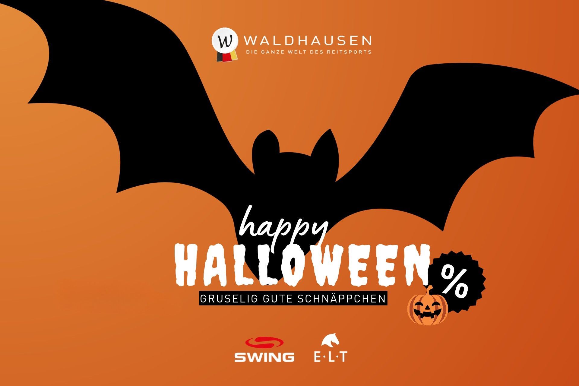 Halloween-Angebot, Fledermausgrafik, orangefarbener Hintergrund, Kürbisillustration, Reitsportmarken