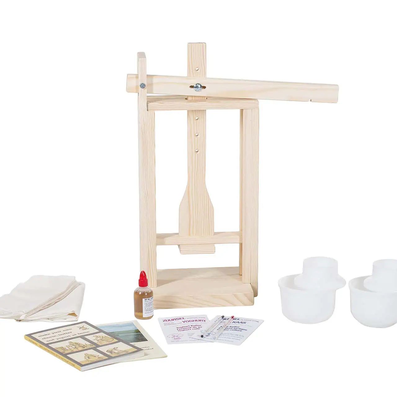 Kit fromage Milky avec presse en bois, set débutant fromage & yaourt, contenu de la livraison