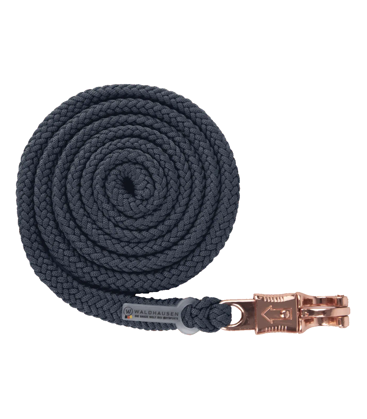 Longe Waldhausen Modern Rosé pour chevaux, tressée, mousqueton antipanique bleu nuit/rose doré