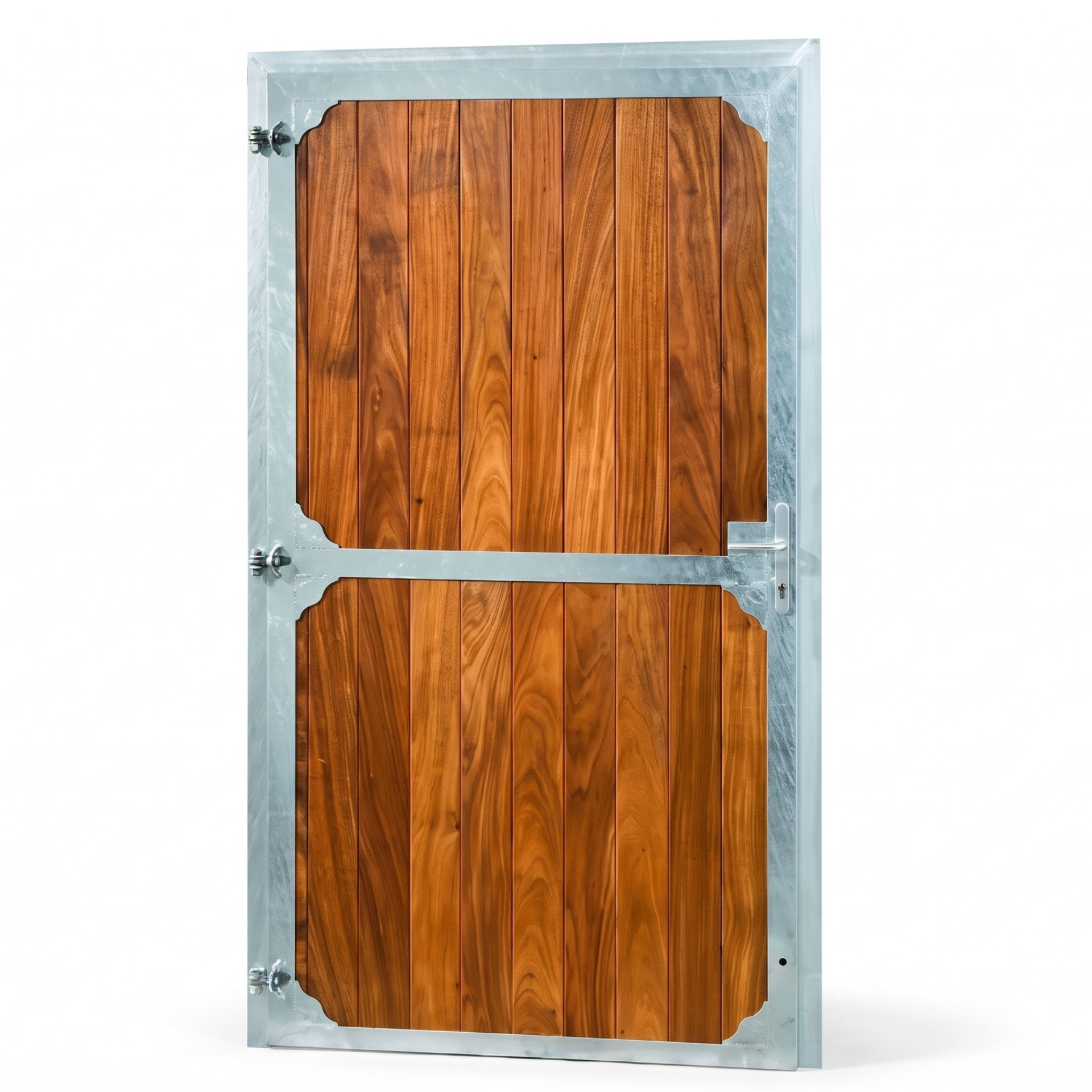 Holztür, Paneeltür, Latttür, braunes Holz, Metallrahmen