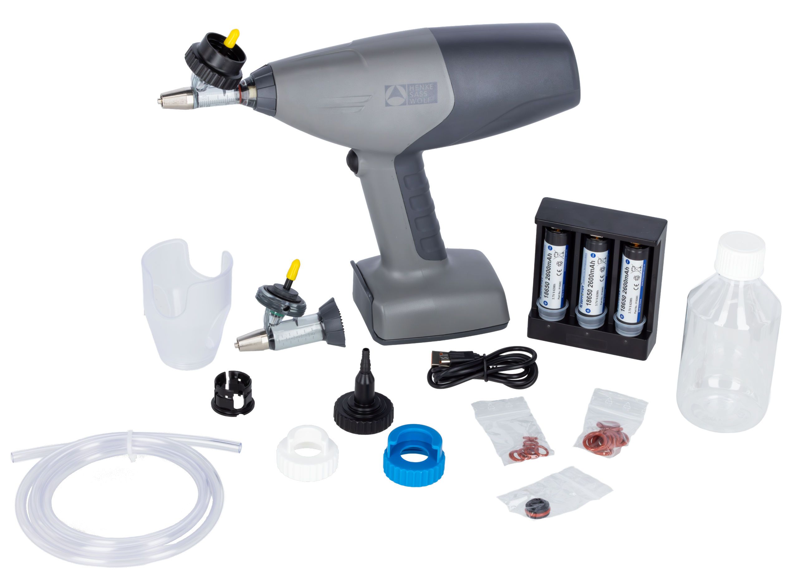 airbrush, drill, battery, charger, assembly kit