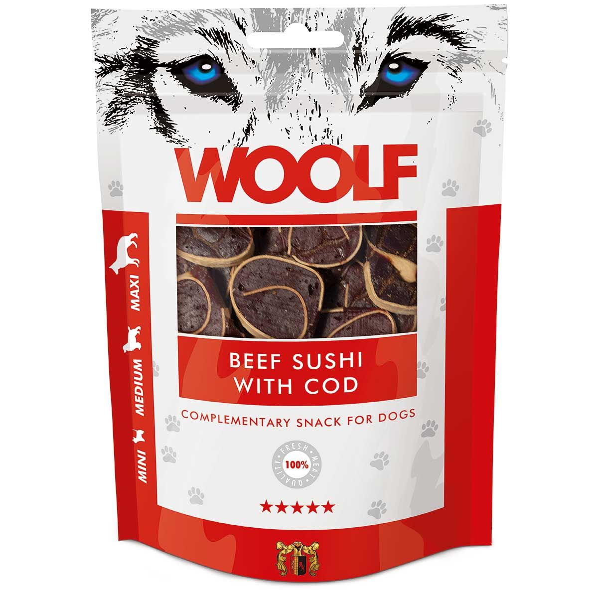 Woolf Hundeleckerli Rindfleisch Sushi, Verpackung
