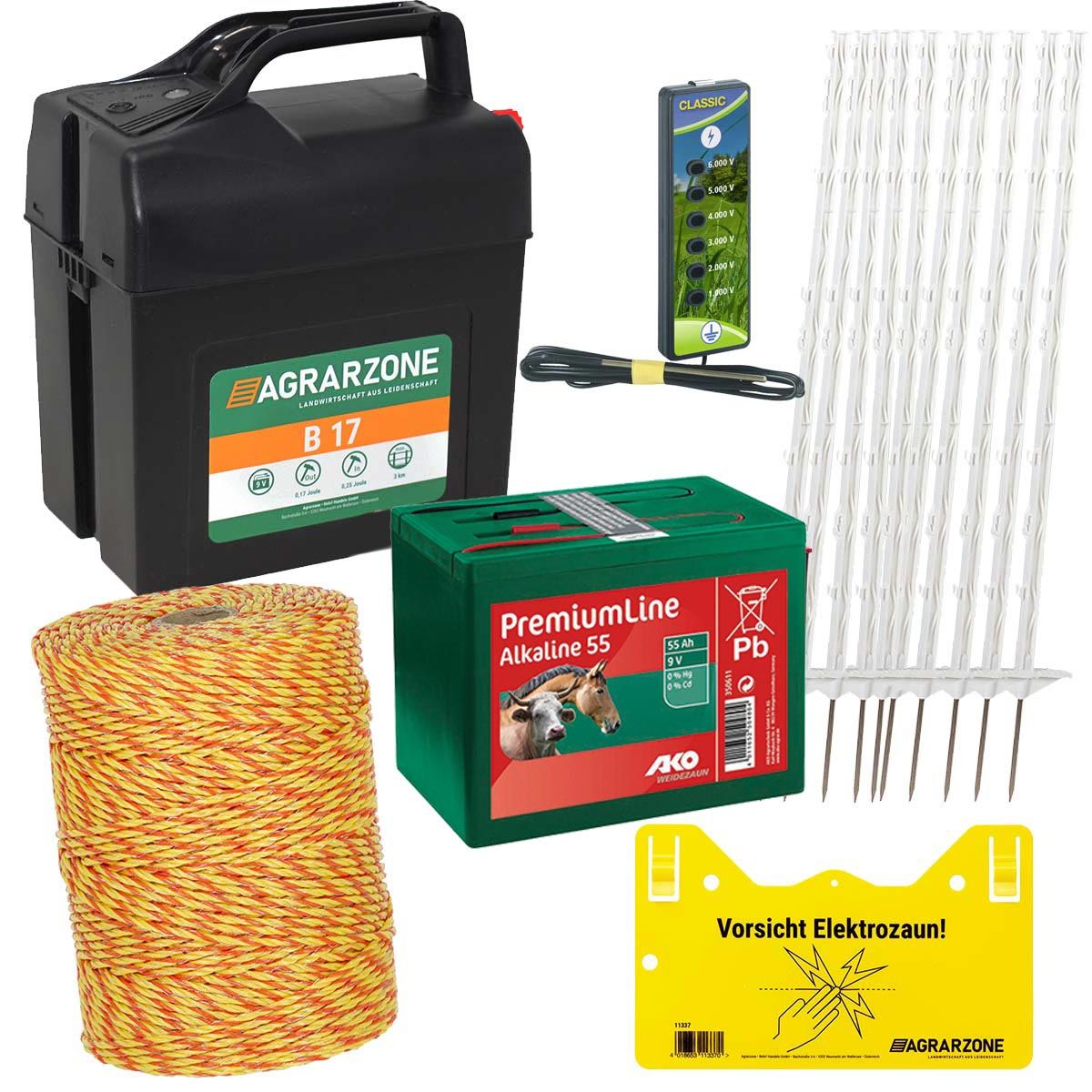Kit clôture Agrarzone pour chien B17 à batterie 9V/12V, 0,25J, fil 250m, orange-jaune, contenu de la livraison