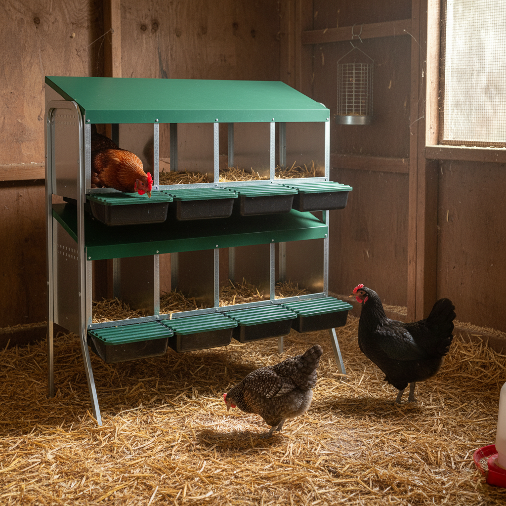 Agrarzone Nido a piani per galline con doppio piedino, in uso, in scuderia