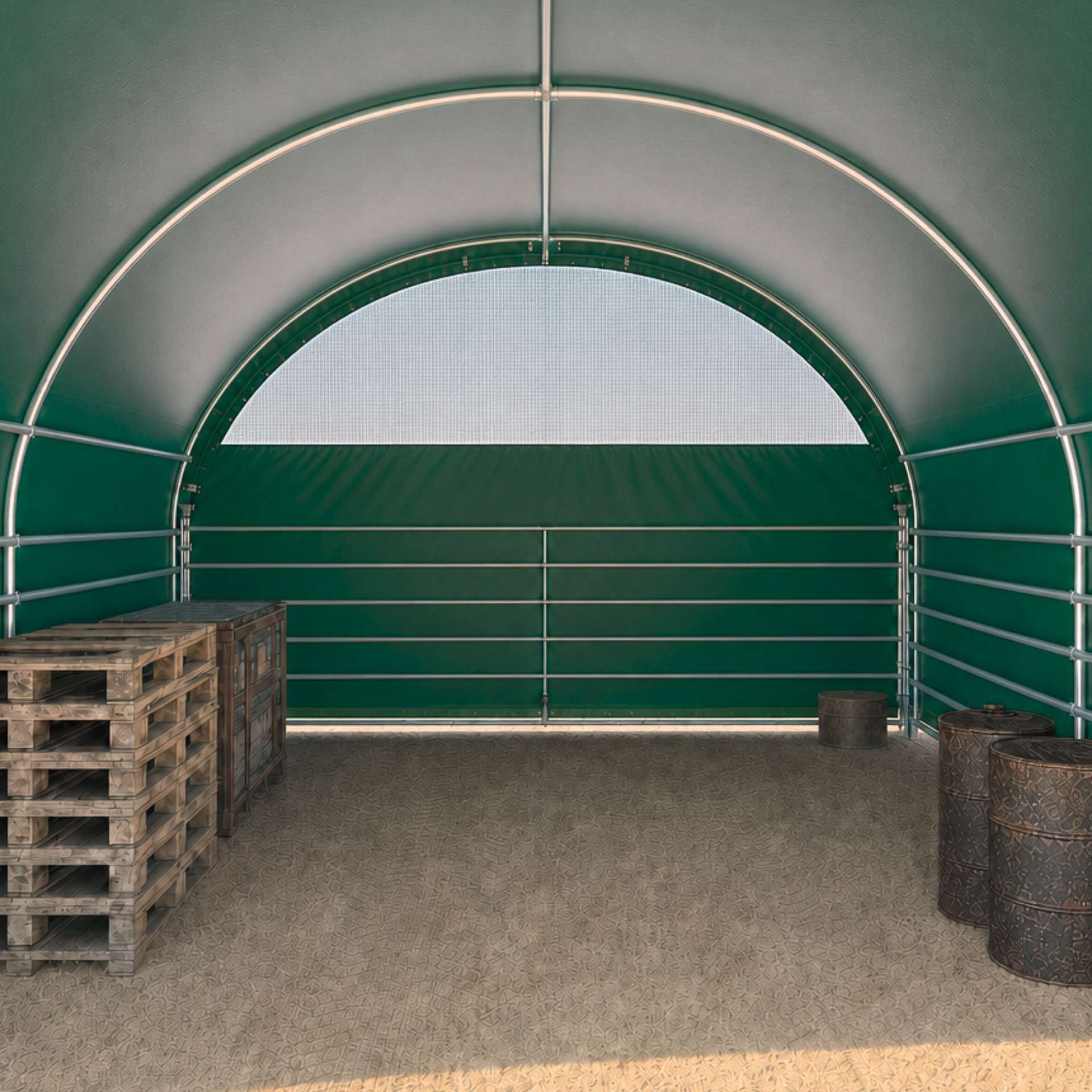 grünes Zelt, Lagertunnel, Metallrahmen, Paletten, Trommeln