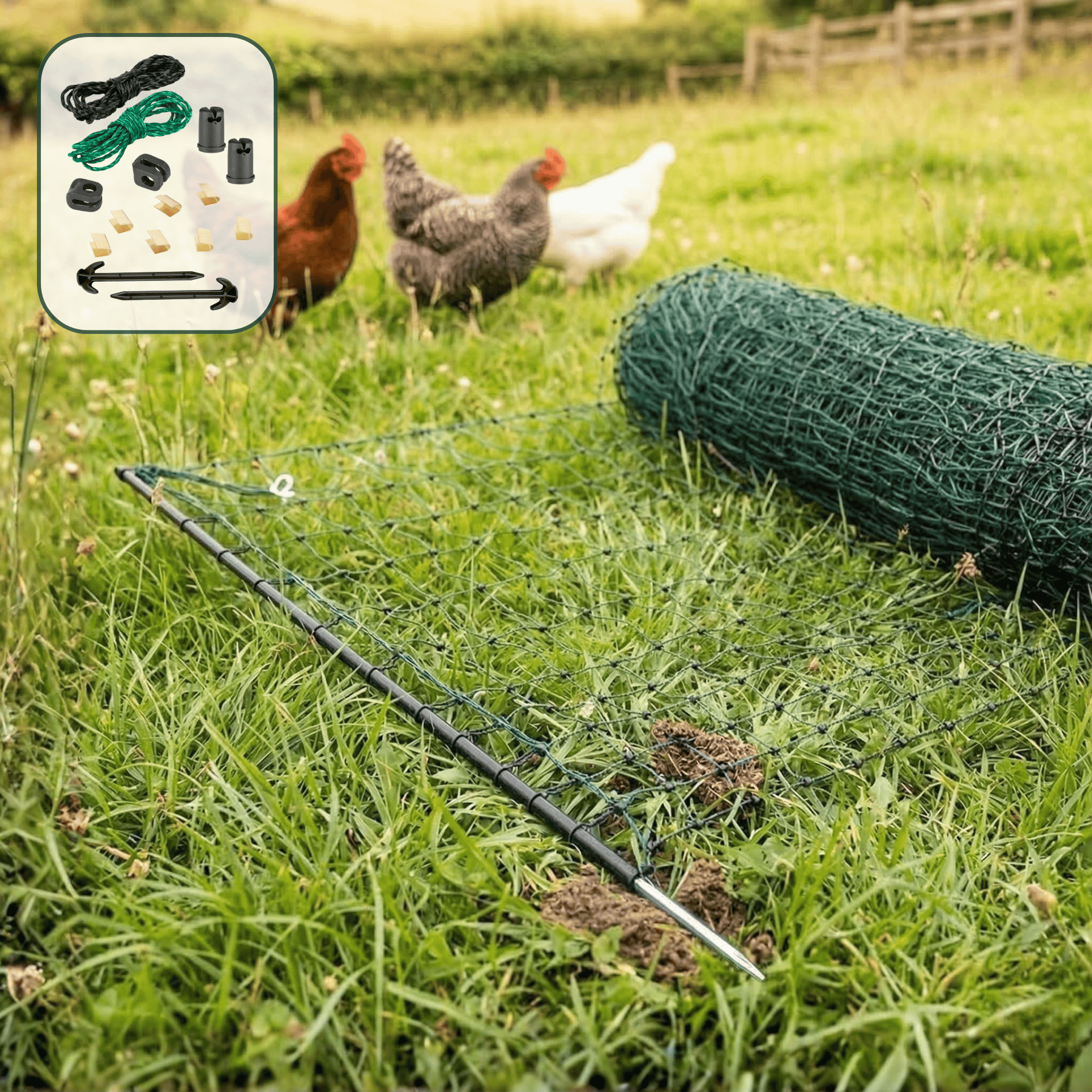 Filet pour volaille Agrarzone Classic non électrifié, pointe unique, vert, en utilisation, au pré