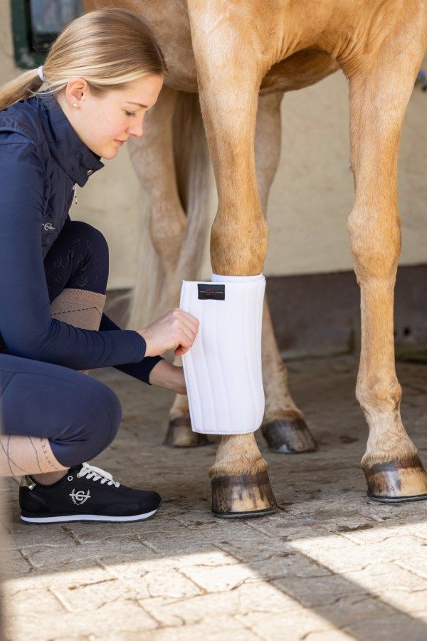 horse leg wrap, leg protection, stable gear, white saddle pad?