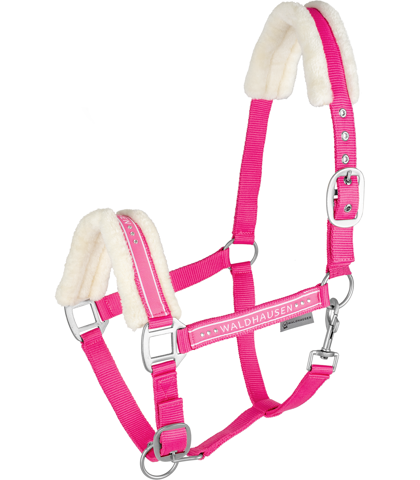 Waldhausen Halfter Elegant mit Glitzersteinen, weich gepolstert, pink, Hufstop, Halter pink, Wollige/polster, verstellbar, Metallbeschläge