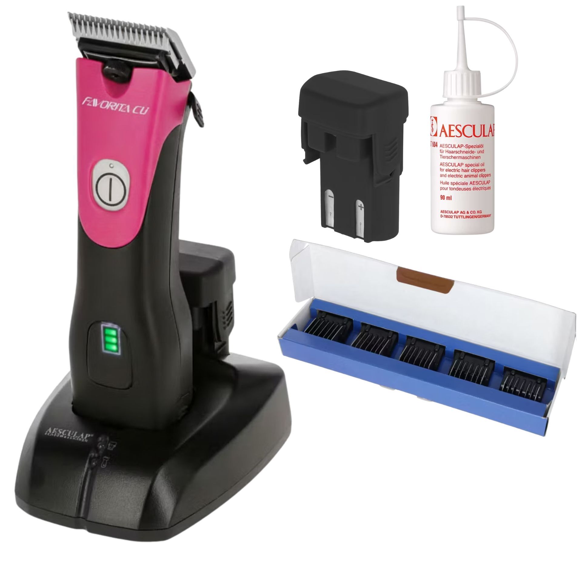 Aesculap Favorita CLi Cordless Clipper Pink with Attachment Comb Set, what's included