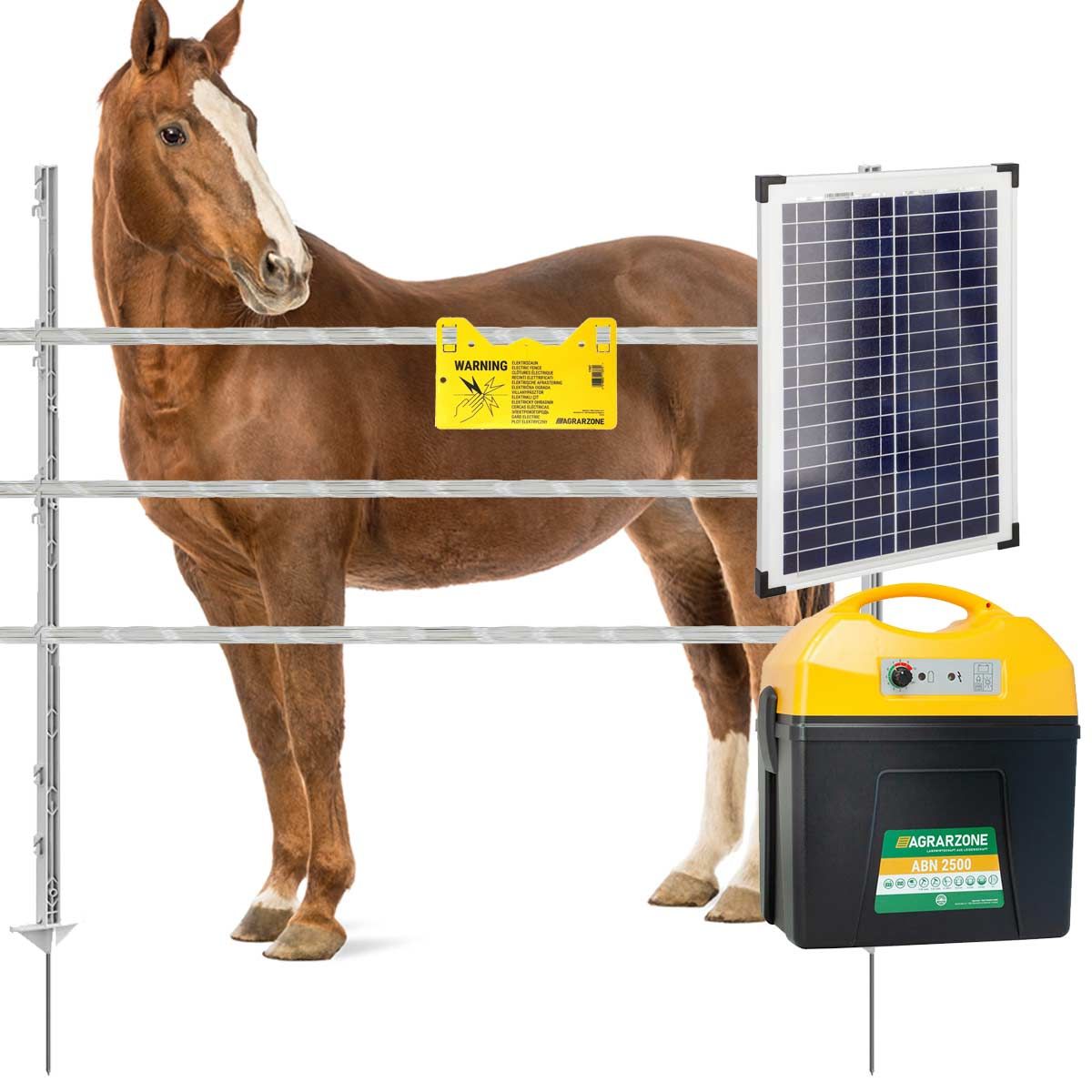 Pferdezaun Komplett Set 9V / 12V / 230V mit Solarmodul, Band 1000 m und Tor, im Einsatz, Solarpanel