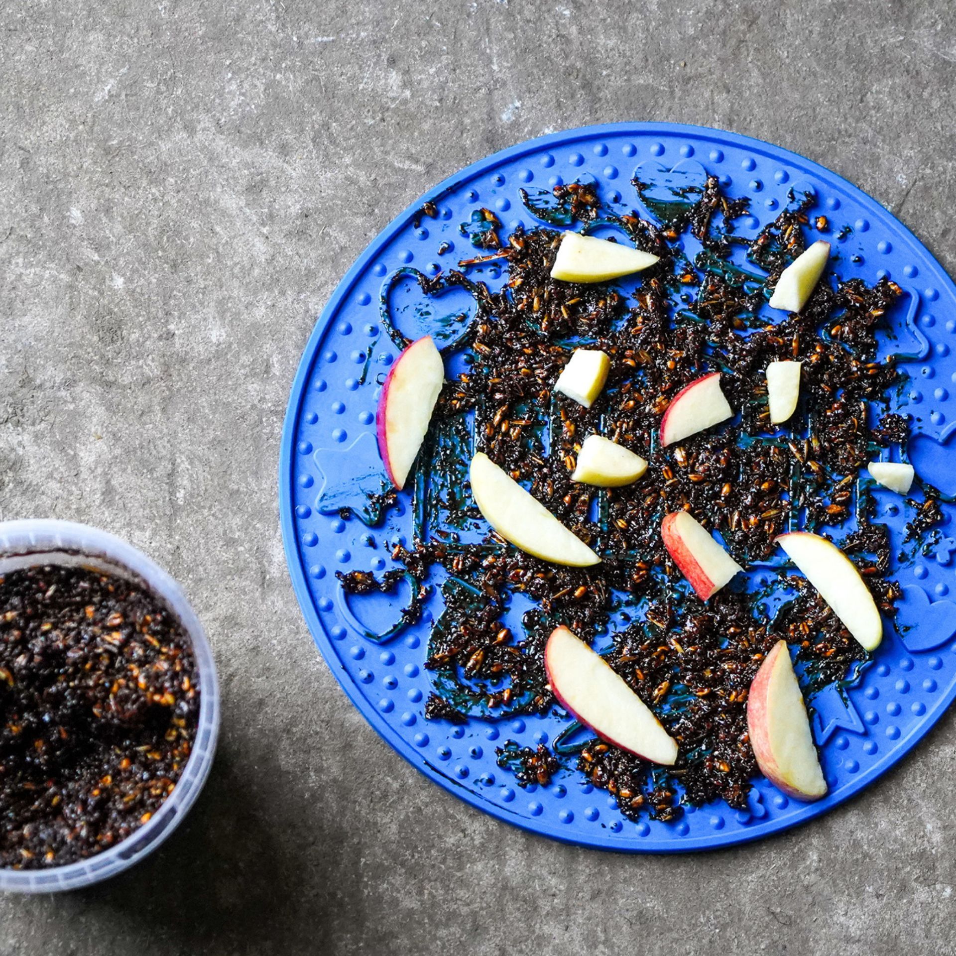snack, kale chips, apple slices, blue tray, dried tea leaves