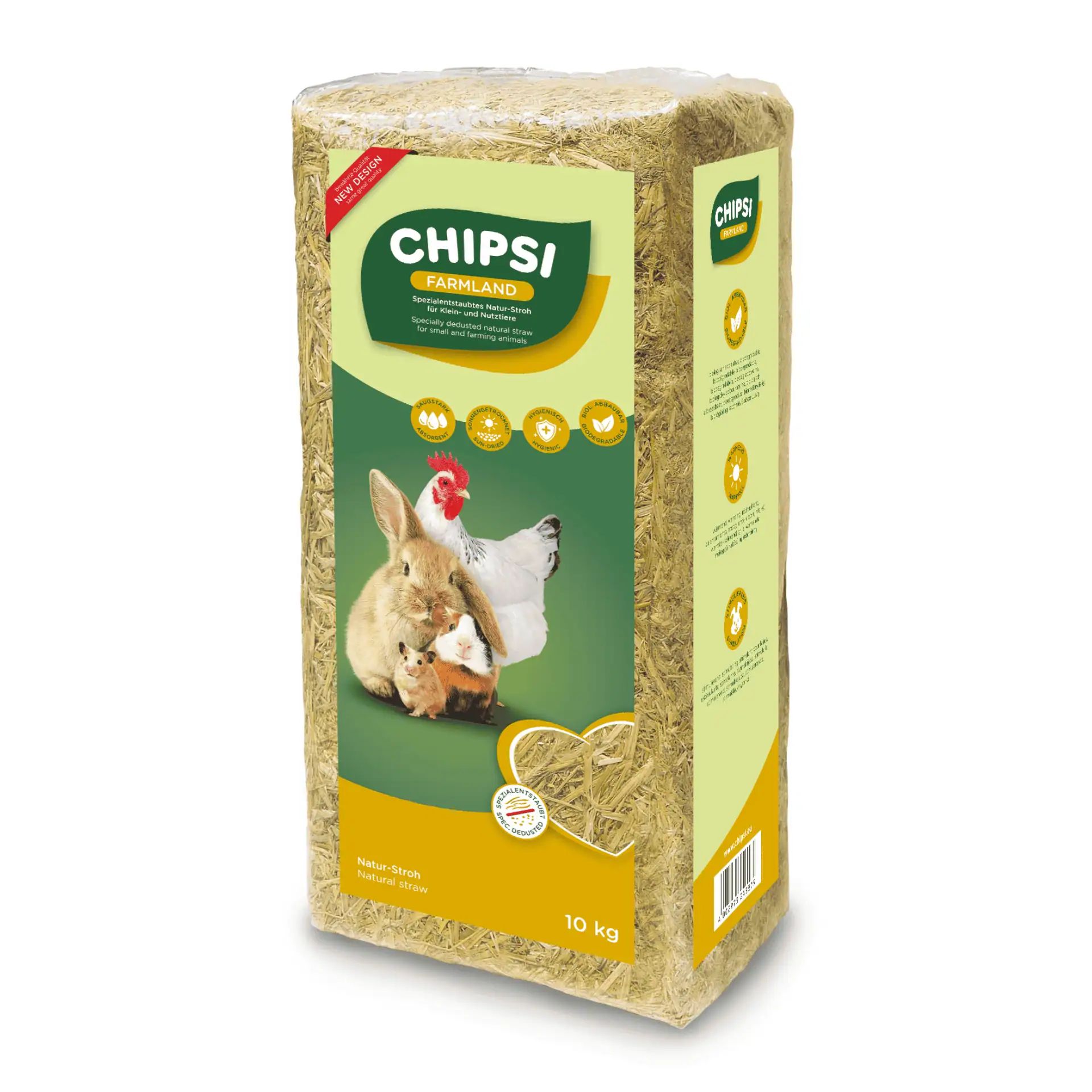 CHIPSI Farmland Natural Straw Bedding for Small Animals, 10 kg, packaging