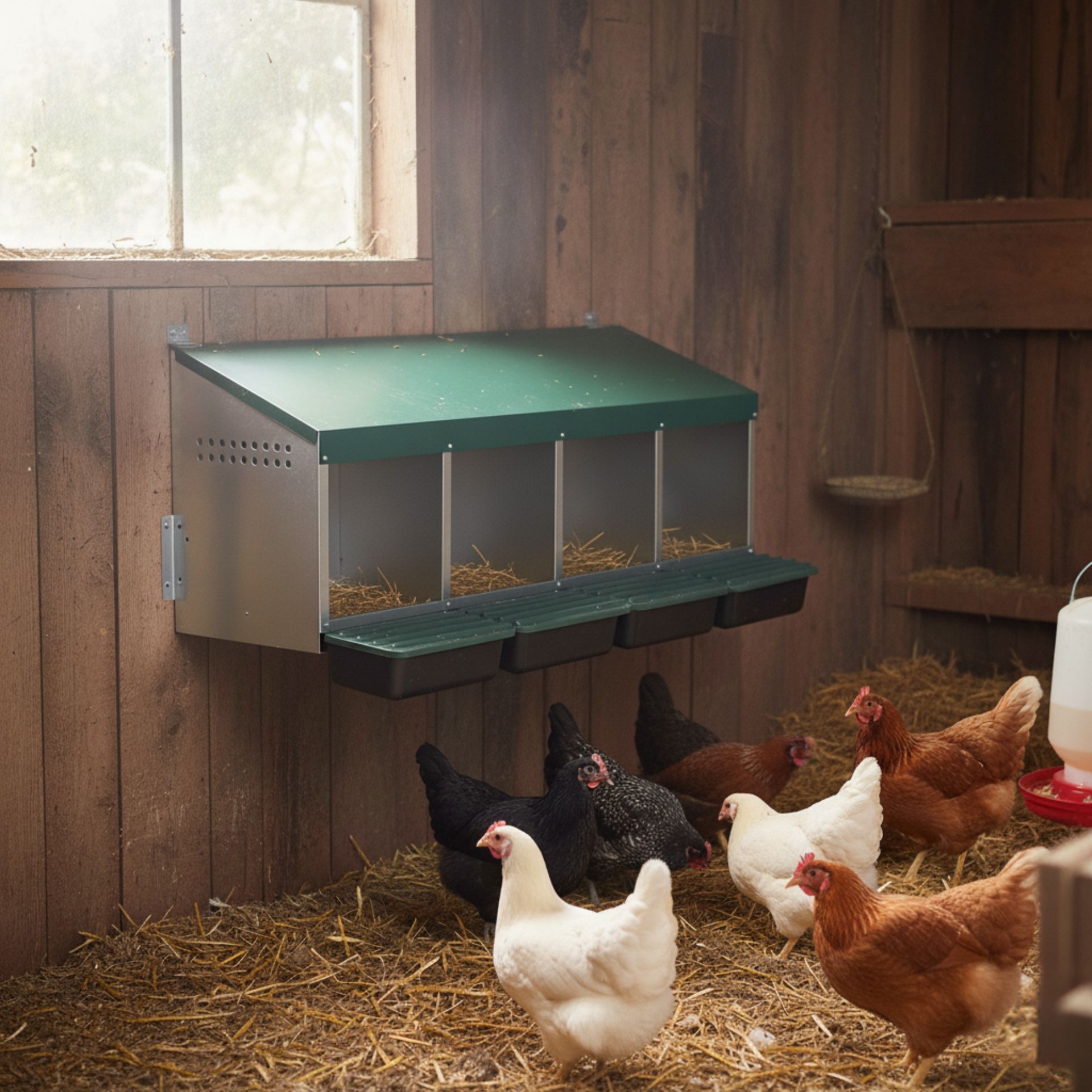 Agrarzone Poultry Nesting Box, Galvanised with Plastic Floor, in use, in the stable