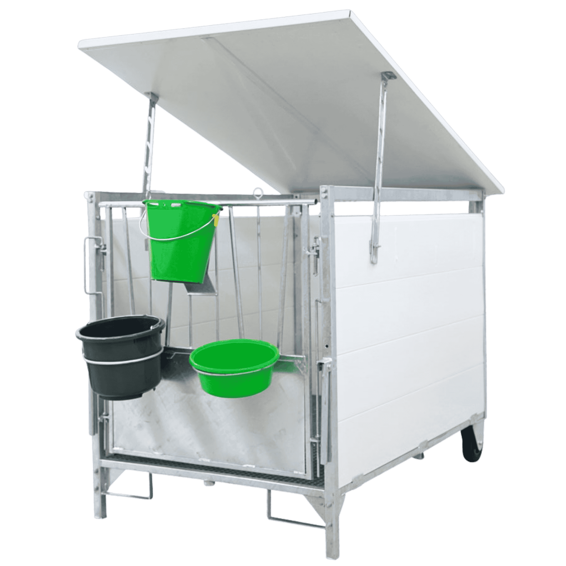stable, bucket, hitching trough, metal cart, green bucket