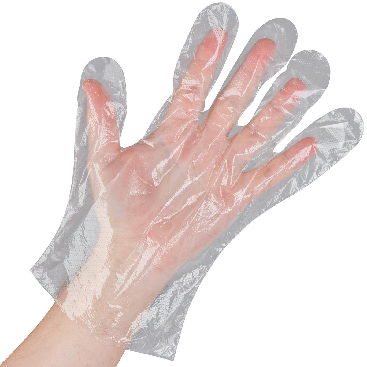 PE Disposable Gloves, 20 pcs., in use, held in hand