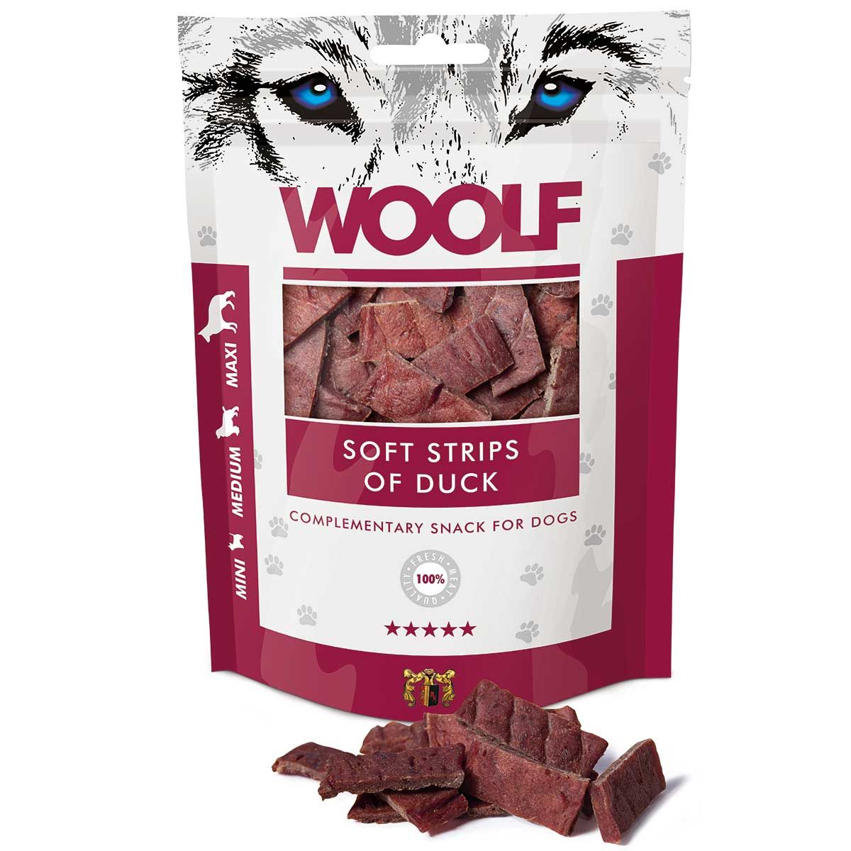 Woolf hundgodis med mört ankbröst i strimlor