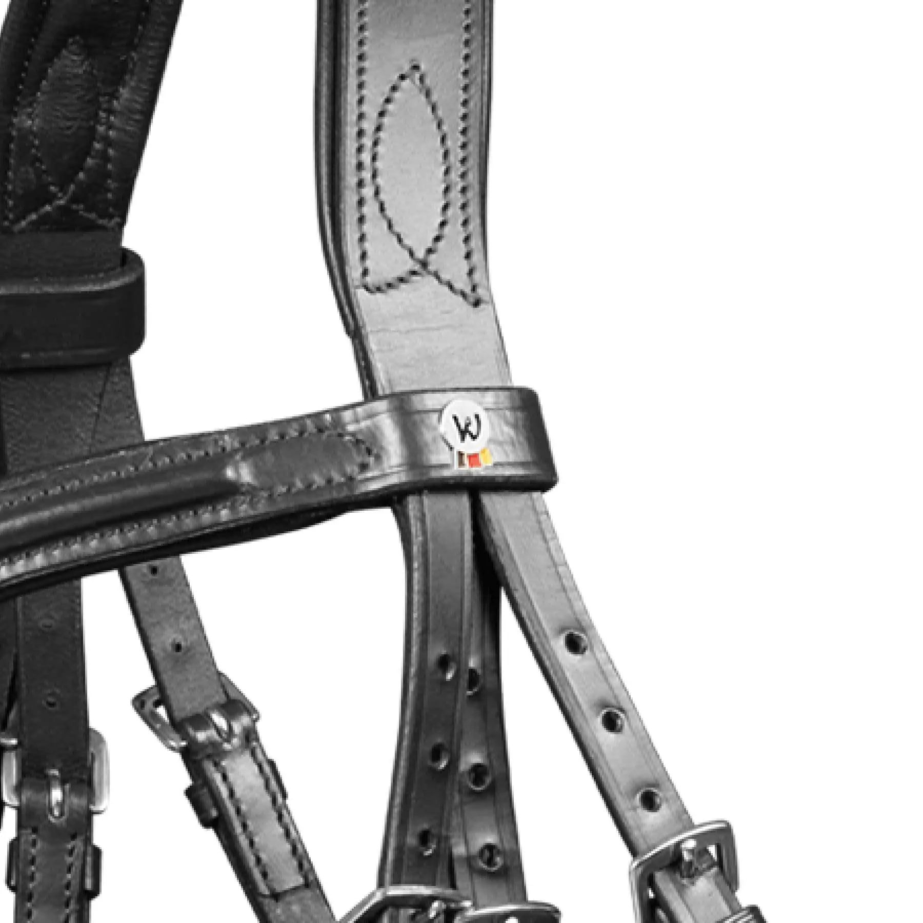 Waldhausen X-line Träns Hannover, tysk näsgrimma, pony, detaljbild, logotyp