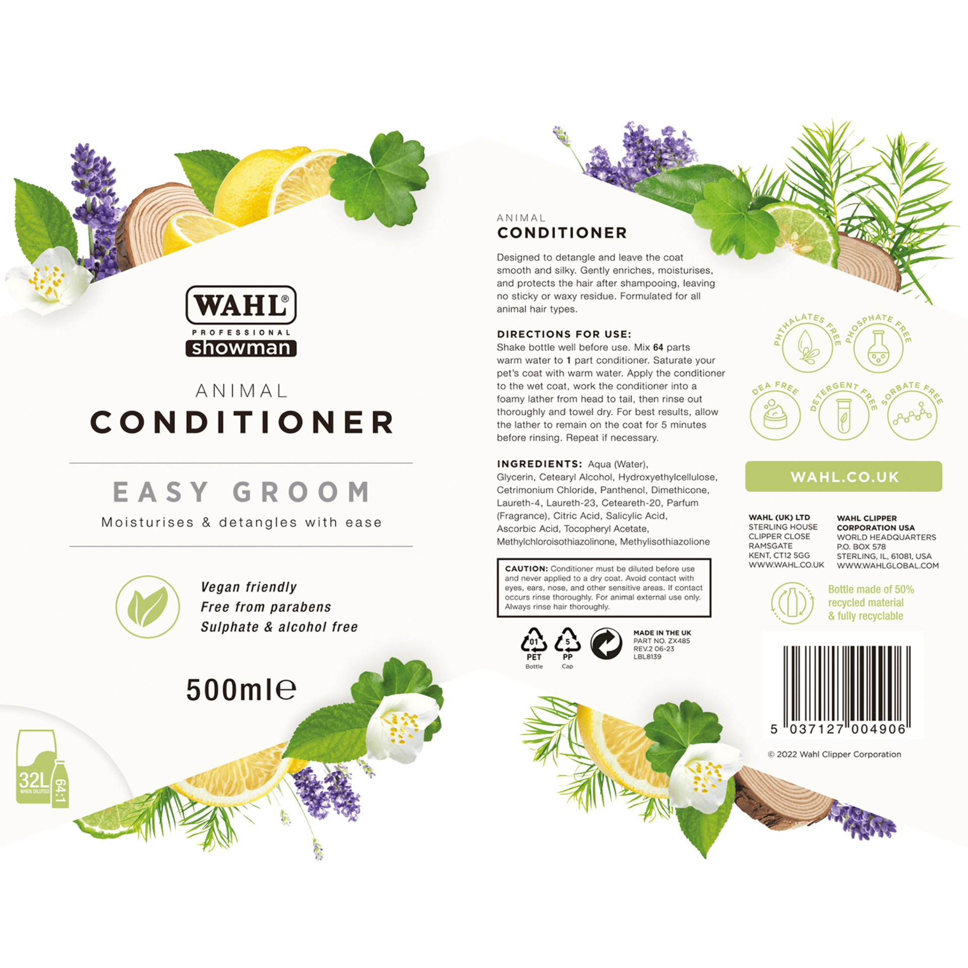 Etichetă balsam Easy Groom de la Wahl Showman, cu motive de plante și flori, 500 ml