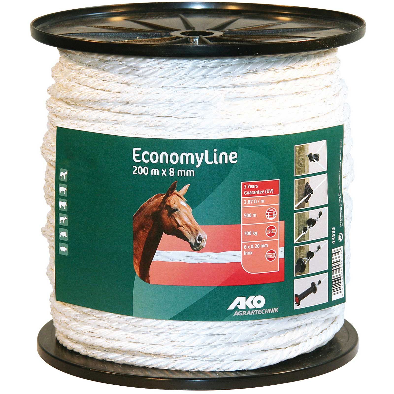 AKO Legelőkerítés kötél EconomyLine 6x0,20 Niro, fehér, 8 mm, 200 m