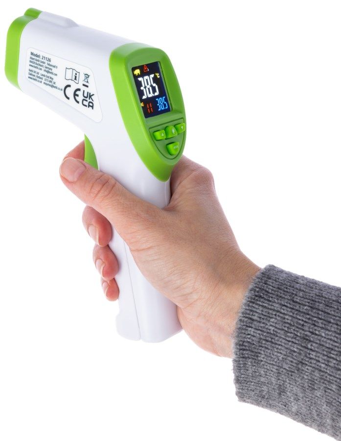 infrared thermometer, digital thermometer, handheld device, green accents, temperature display