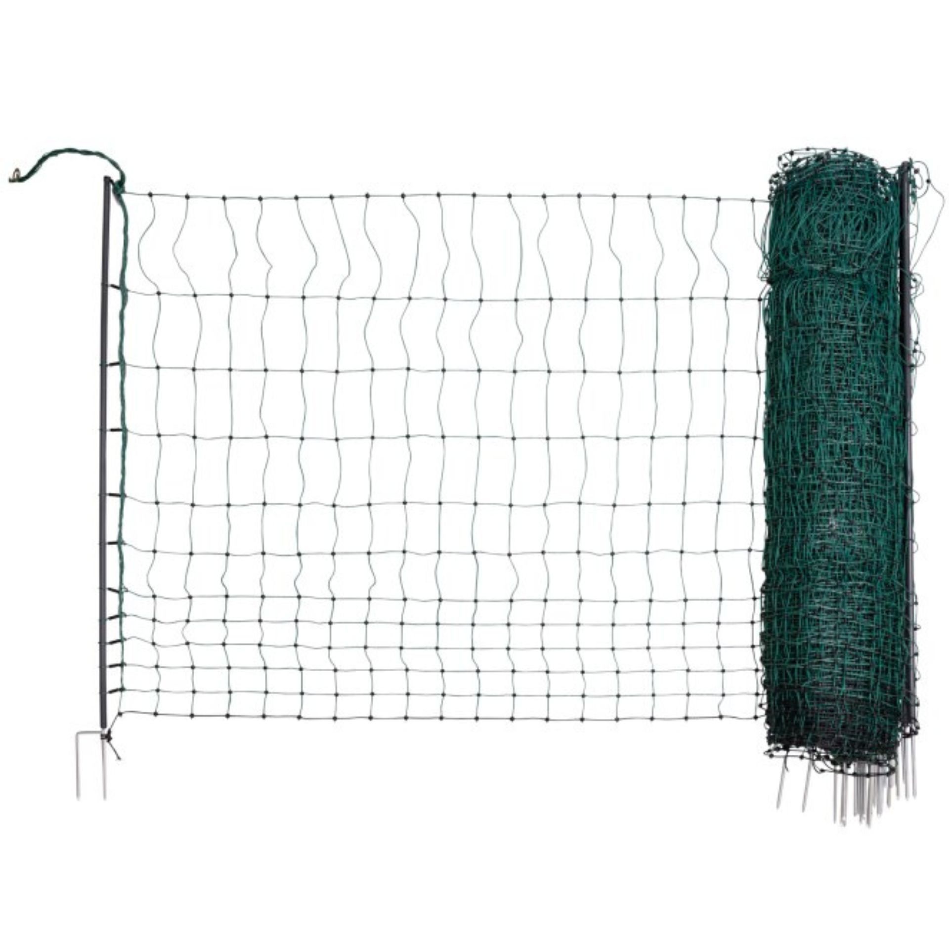 Green electric fence netting with built-in posts, partly rolled up