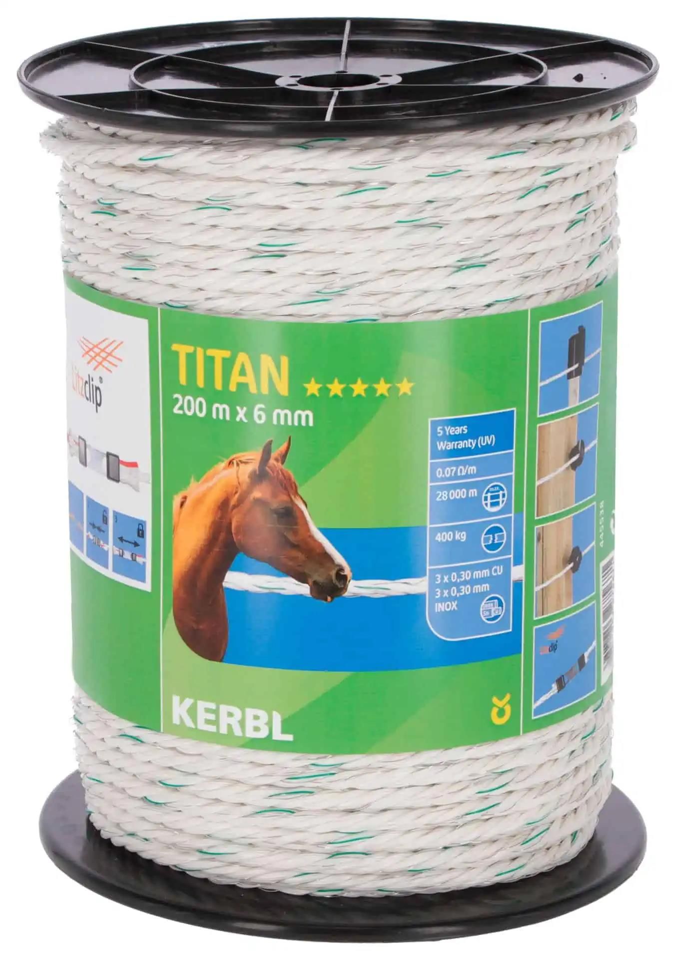 Kerbl TITAN Electric Fence Rope 6 mm, 200 m, White/Green, 3x Copper, 3x Stainless