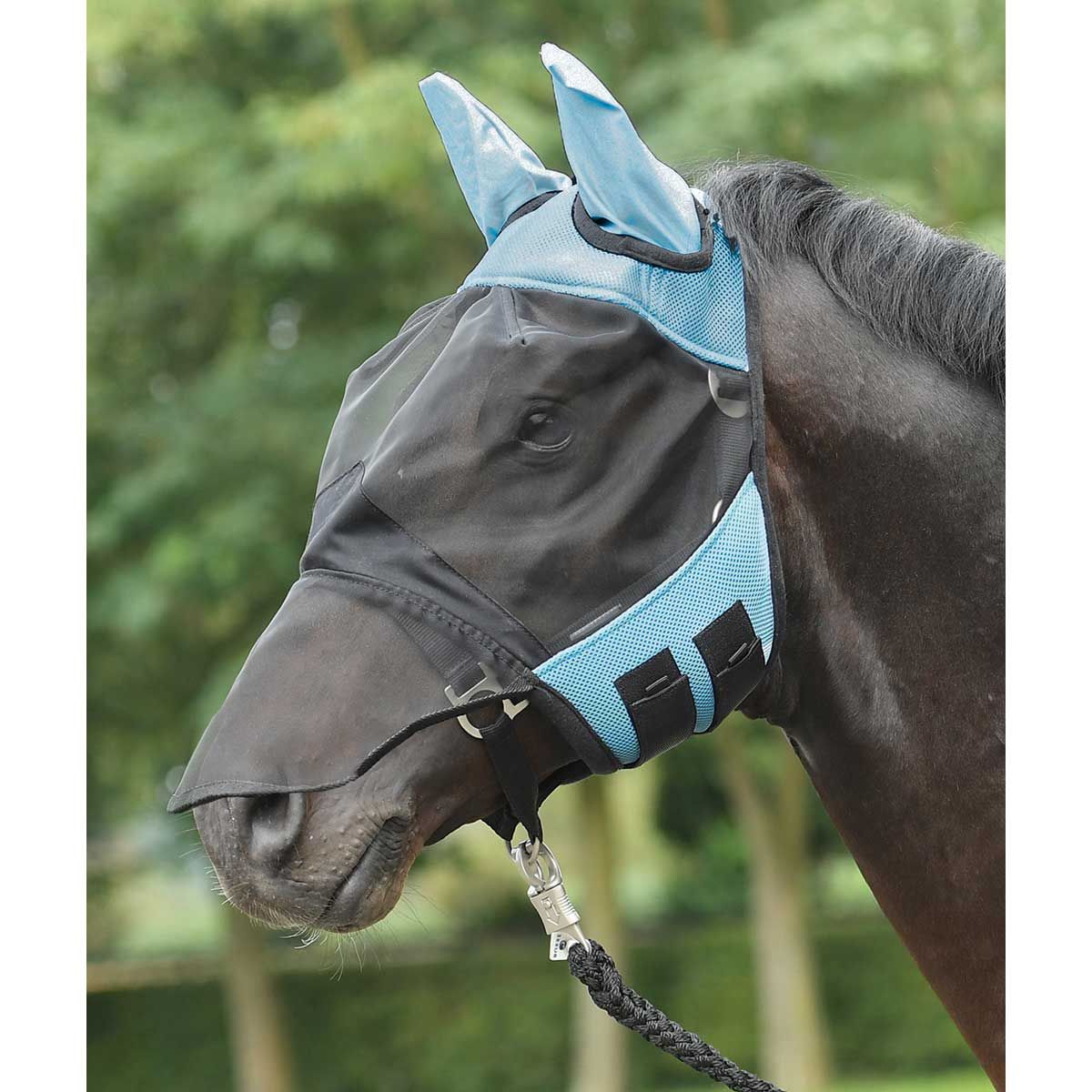 BUSSE Fliegenmaske FLY COVER PRO mit Nüsternschutz für Pferde, hellblau/schwarz Warmblut
