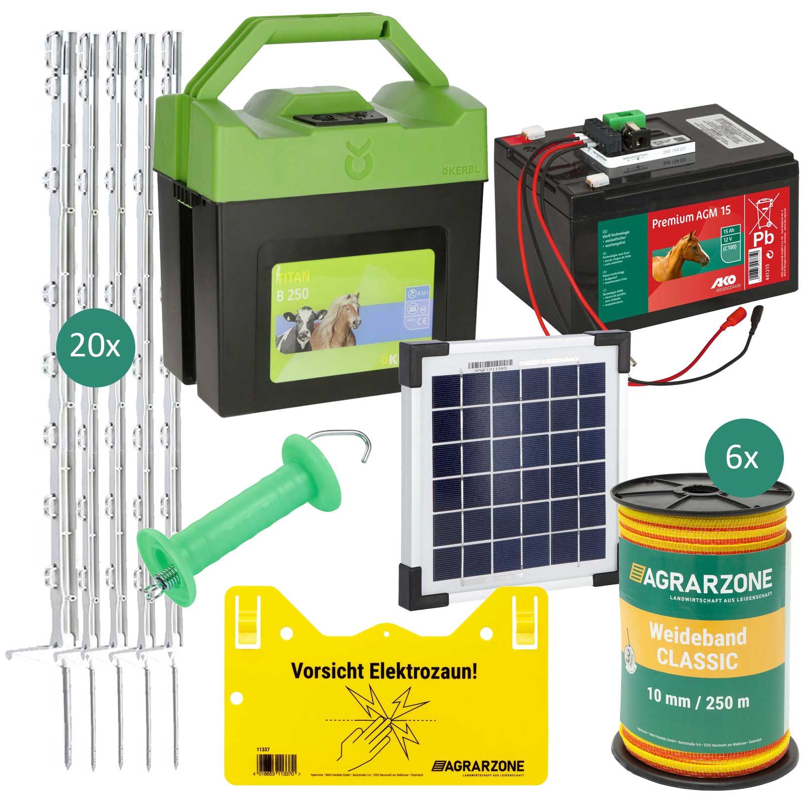 Kit clôture électrique Agrarzone solaire avec TITAN B250, 9 400V, 0,25J